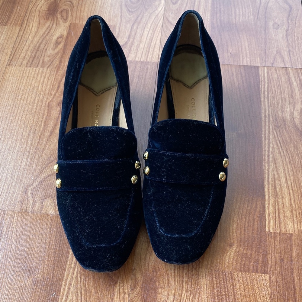 Cole Haan 
Blue velvet heeled loafer